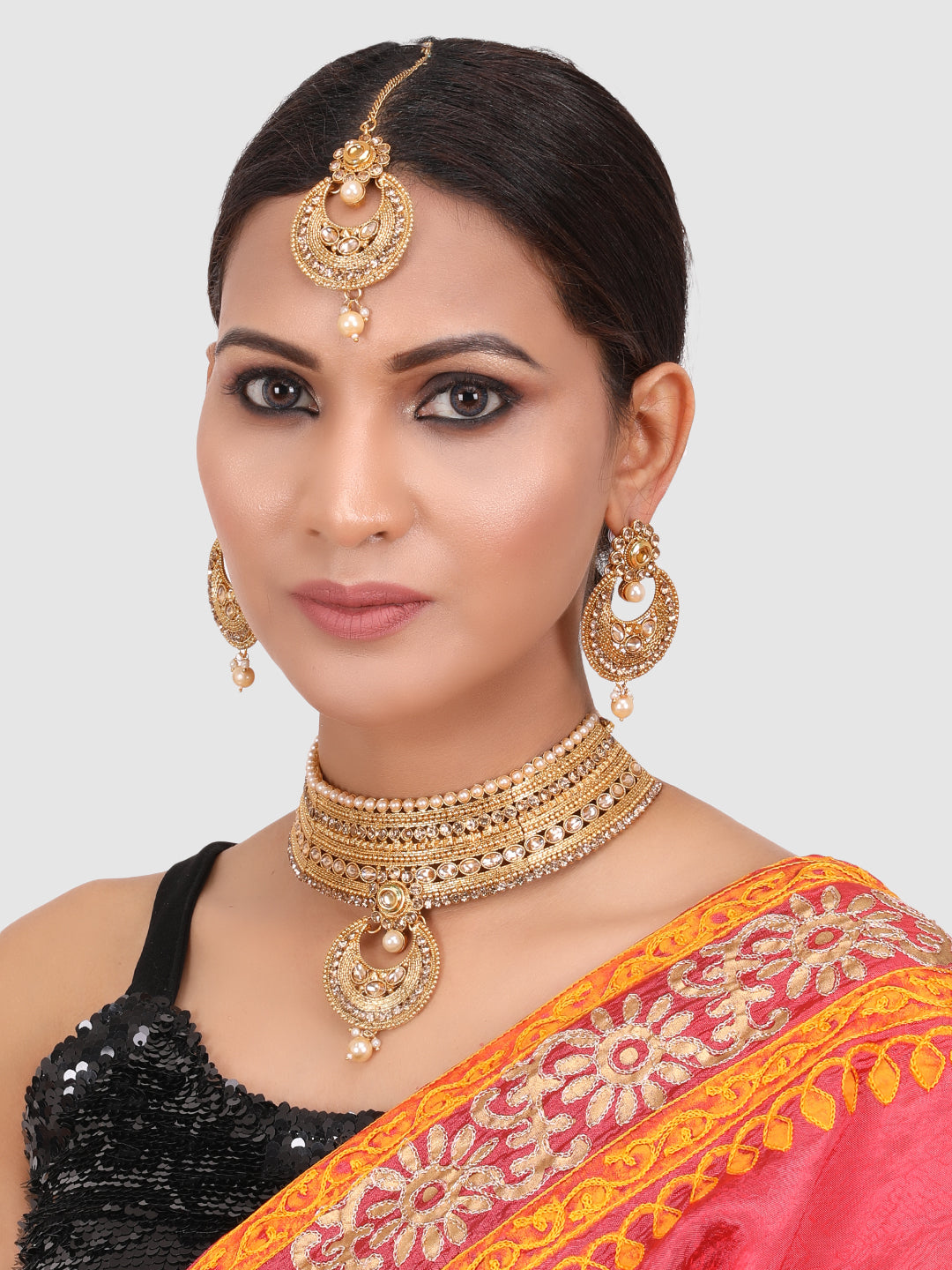 Gold-Plated Floral Stone-Studded Traditional Jewellery Set