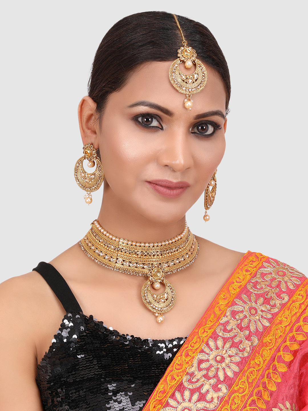 Gold-Plated Floral Stone-Studded Traditional Jewellery Set
