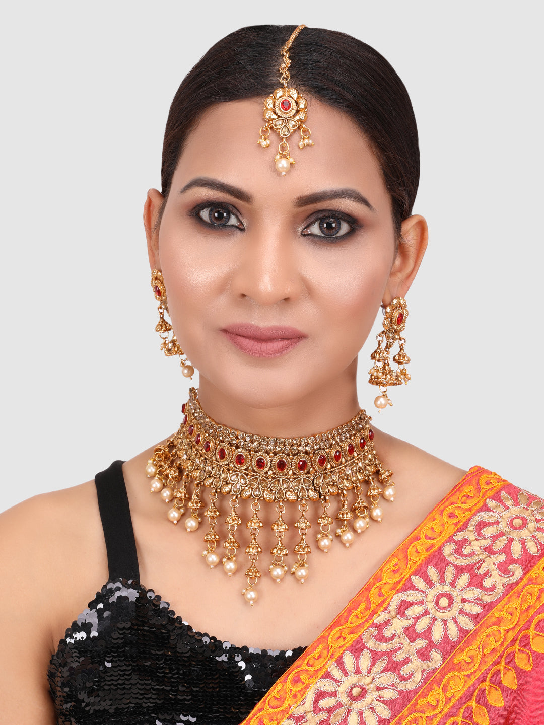 Gold-Plated Red & White Kundan-Studded & Pearl Beaded Vilandi Jewellery Set