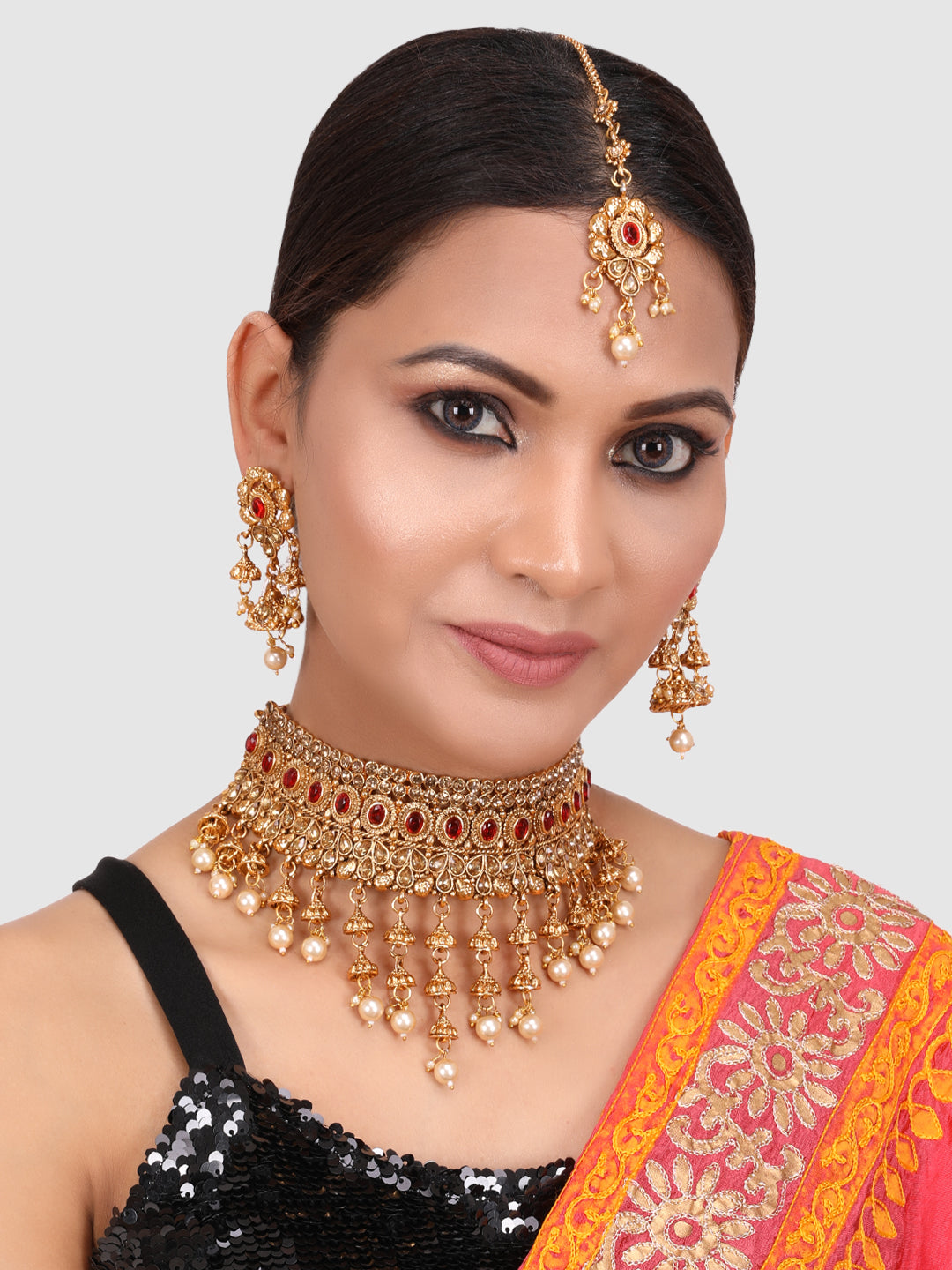 Gold-Plated Red & White Kundan-Studded & Pearl Beaded Vilandi Jewellery Set
