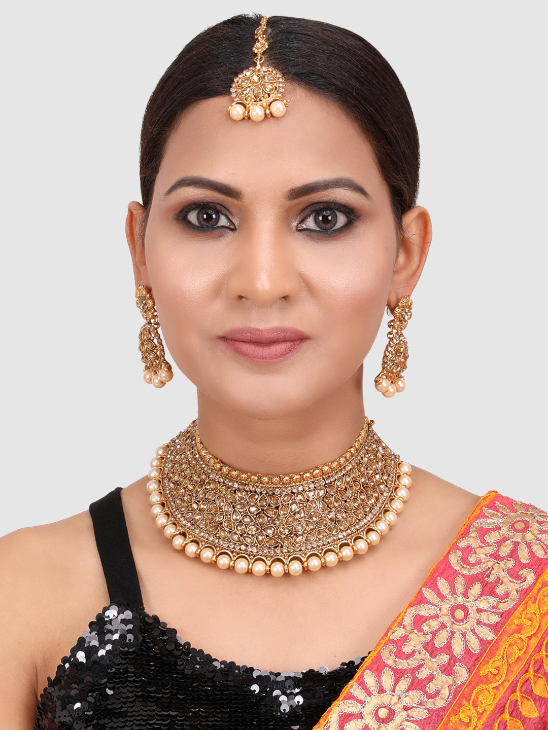 Gold-Toned Stone Studded Choker Set with Maangtika