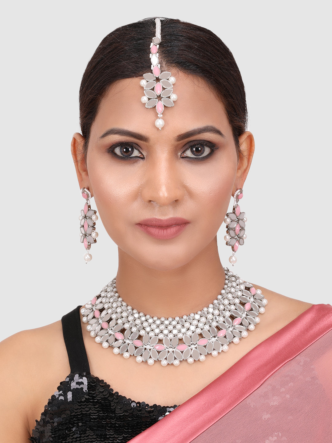 Silver-TOned & Pink Traditional Stone Studded & Pearls Jewellery Set