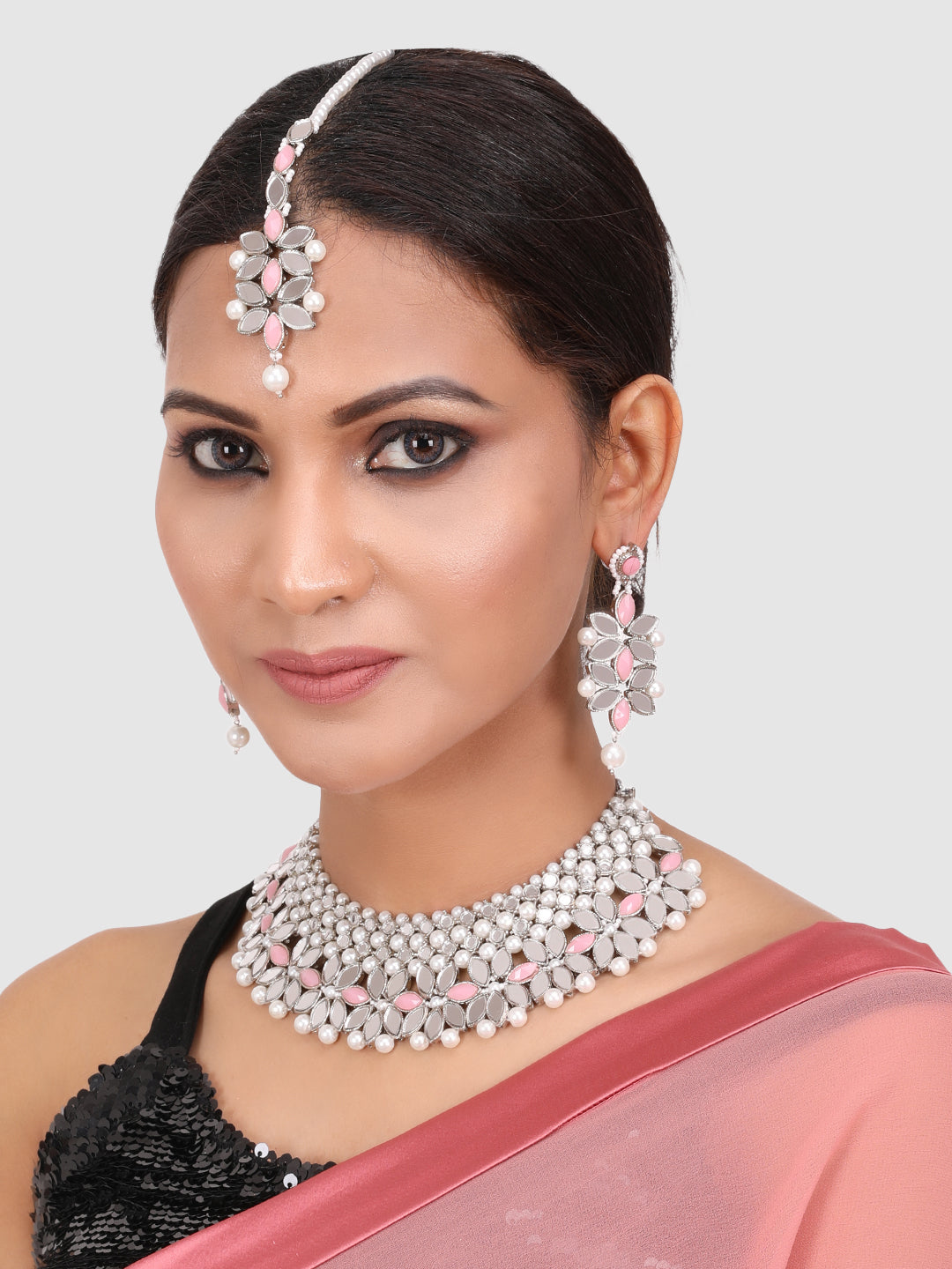 Silver-TOned & Pink Traditional Stone Studded & Pearls Jewellery Set