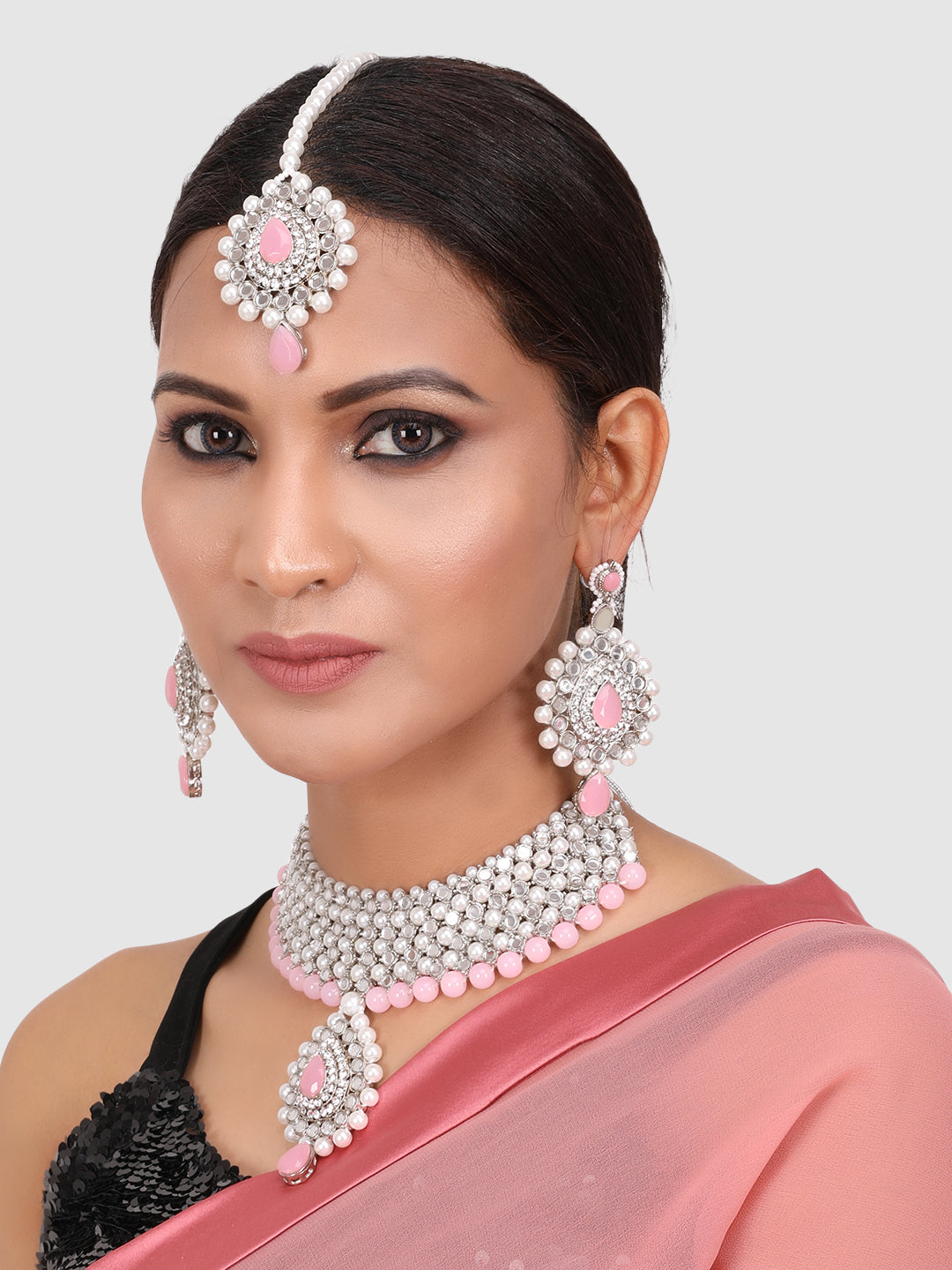 Silver Plated mirror Necklace set with Pink Beads