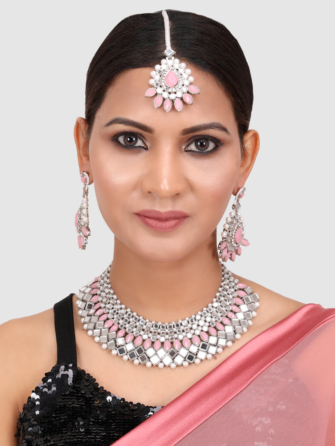 Silver-Toned & Traditional Stone Studded & Pearls Jewellery Set