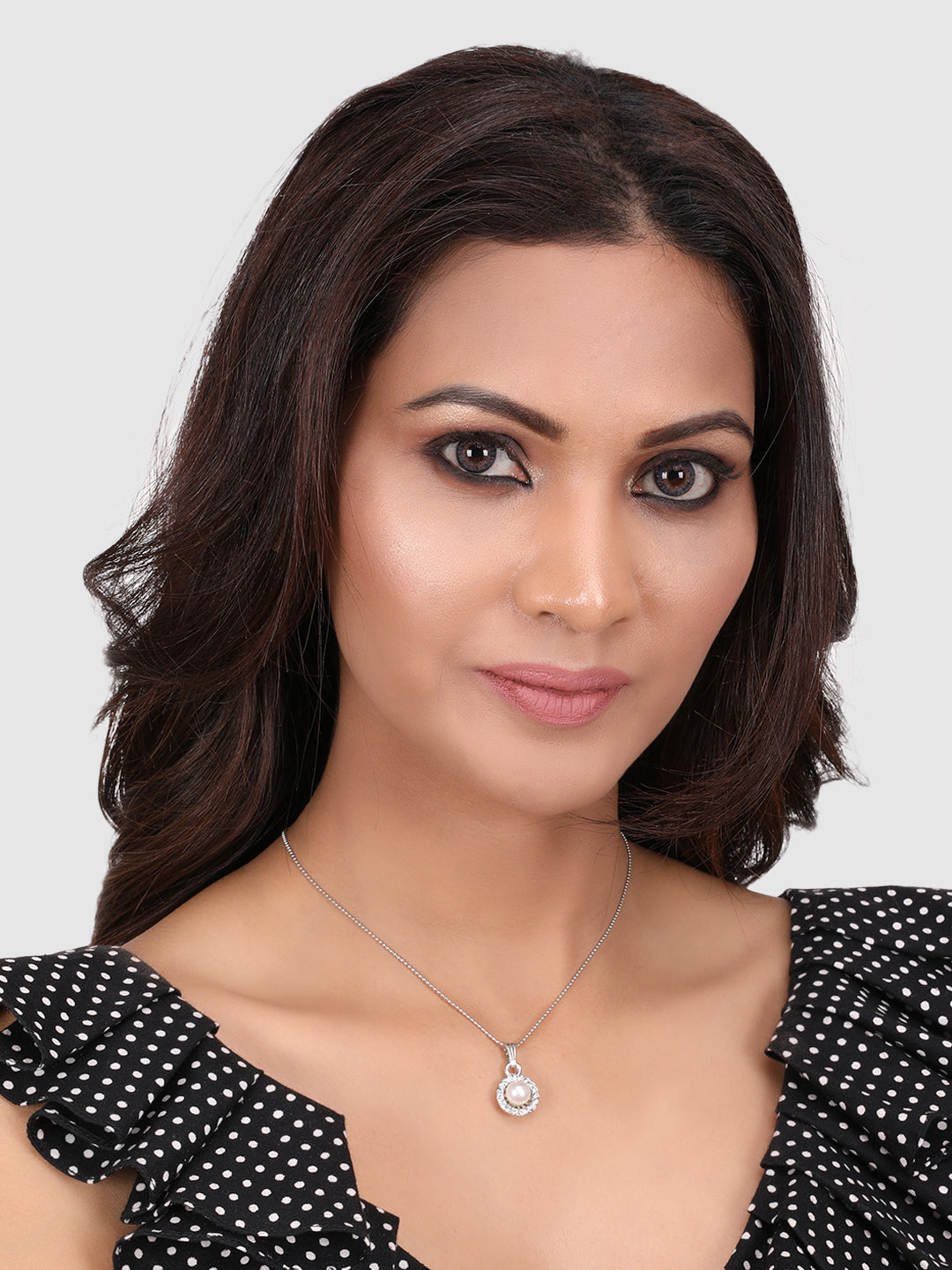 Rhodium Plated Silver-Toned & White Stone Studded Pearl Pendant with Chain