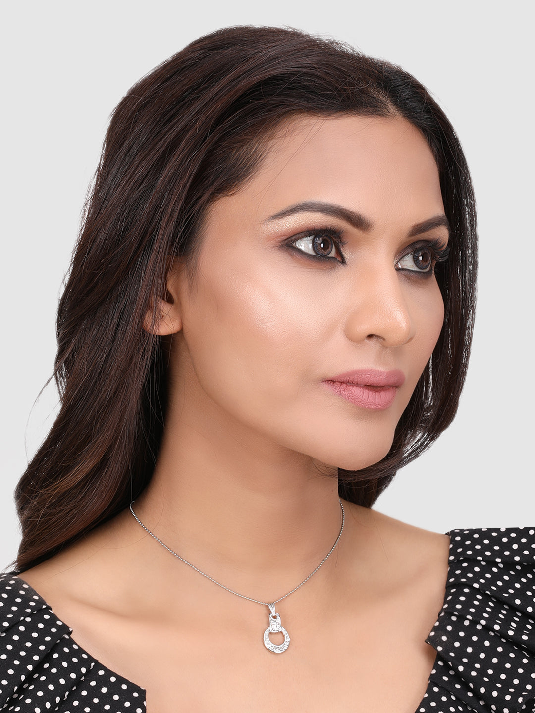 Rhodium-Plated Silver-Toned Studded Pendant With Chain