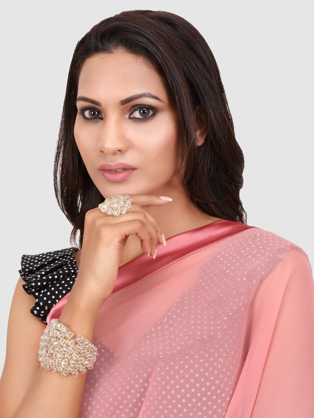 Women Gold-Plated White Beaded Fashion Ring & Bracelet