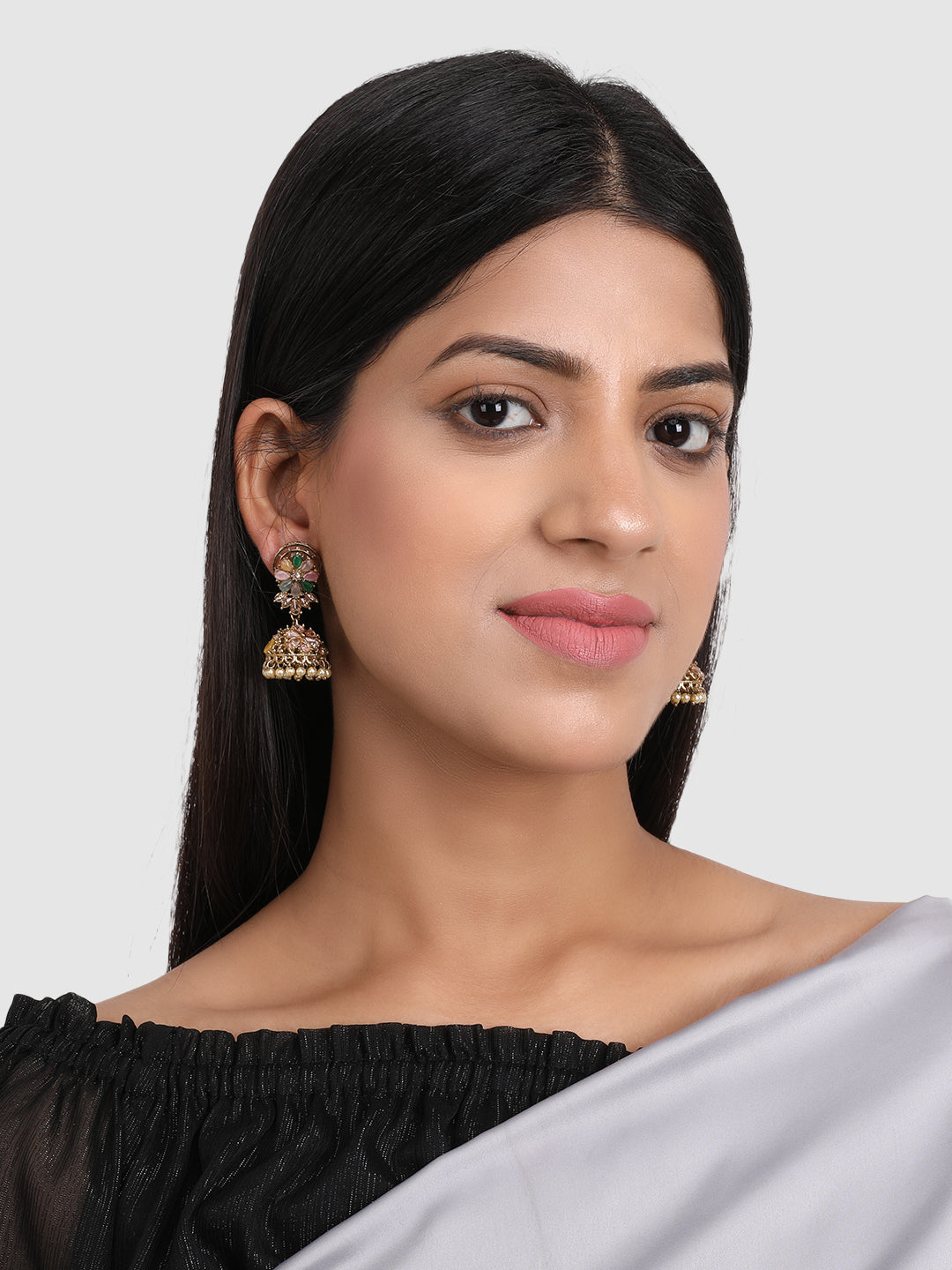 Multicoloured Floral Gold-Plated Jhumkas Earrings