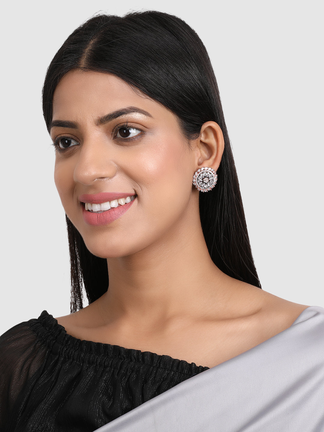 White Rhodium-Plated Floral American Diamond Studs Earrings