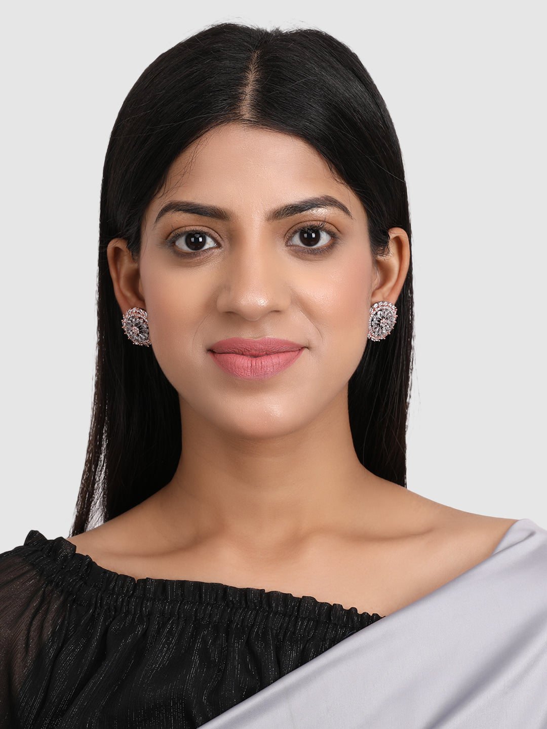 White Rhodium-Plated Floral American Diamond Studs Earrings