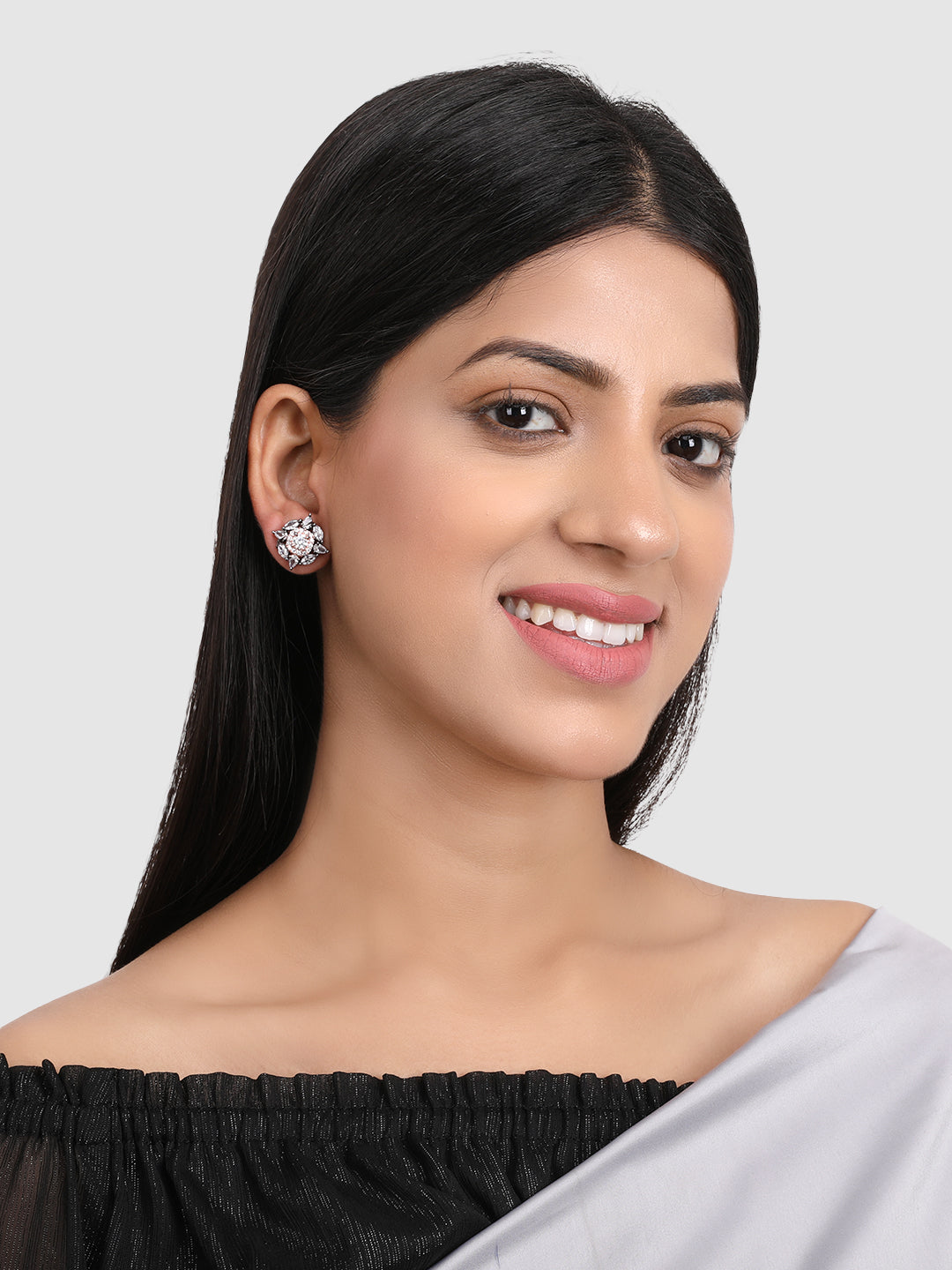 White AD-Studded Rhodium-Plated Square Studs Earrings