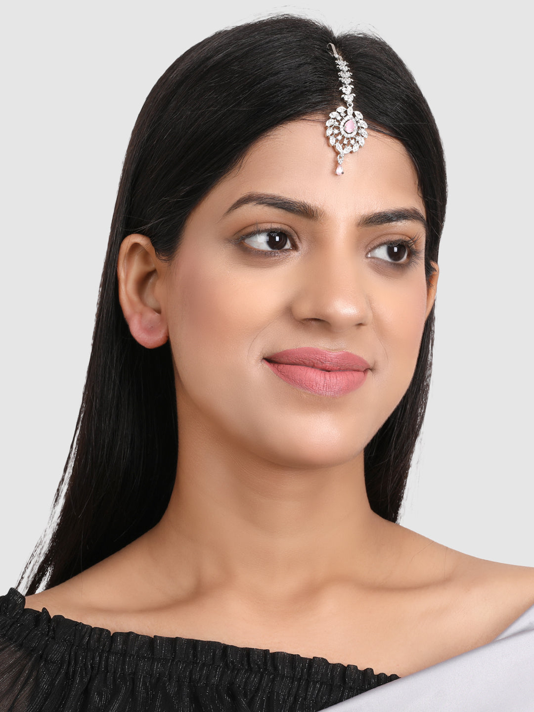 Silver-Plated Pink American Diamond Diamond Studded Maangtika