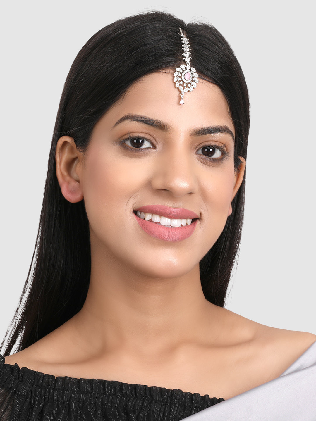 Silver-Plated Pink American Diamond Diamond Studded Maangtika