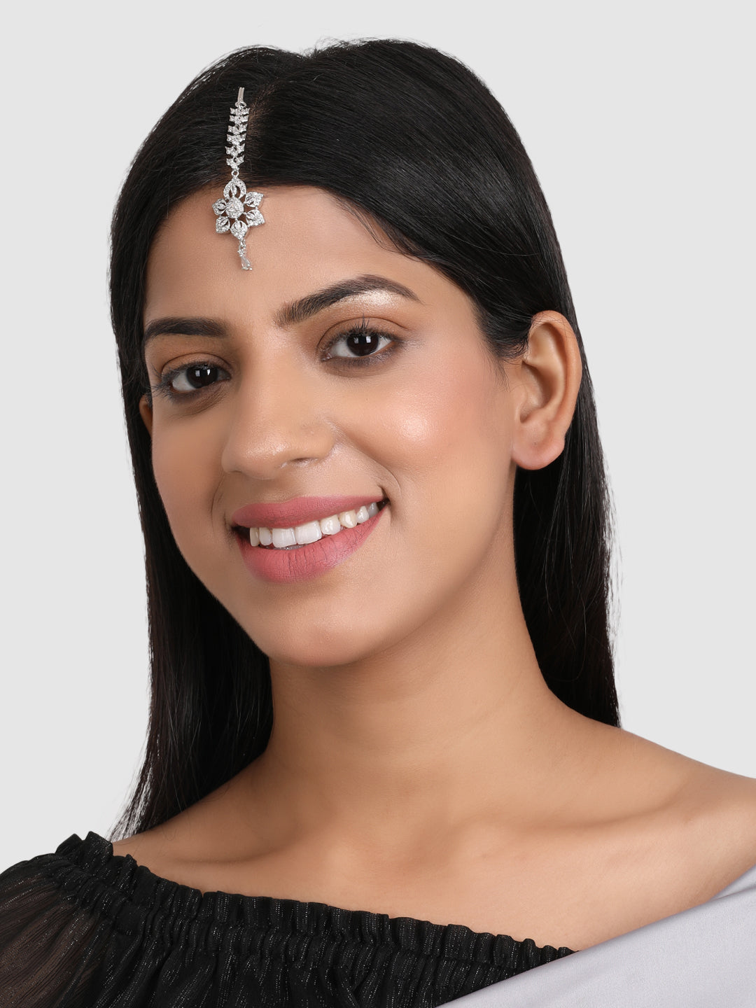 Silver-Plated White AD-Studded Maang Tikka