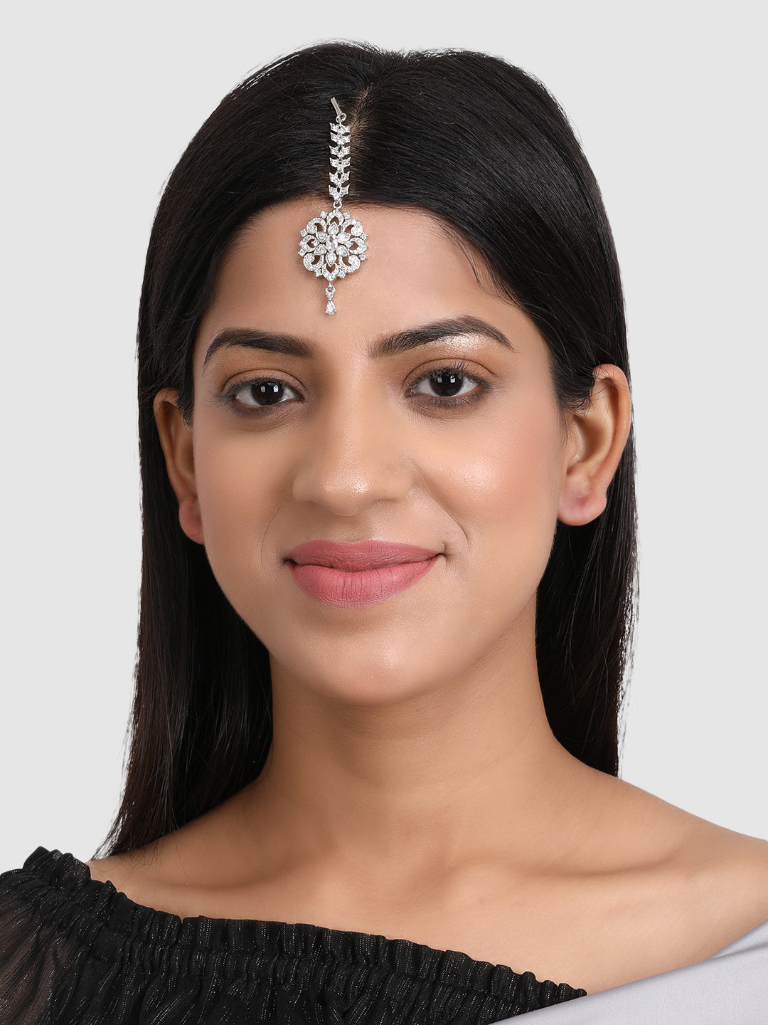 Silver Plated Silver AD Studded Circular Shaped Maangtika