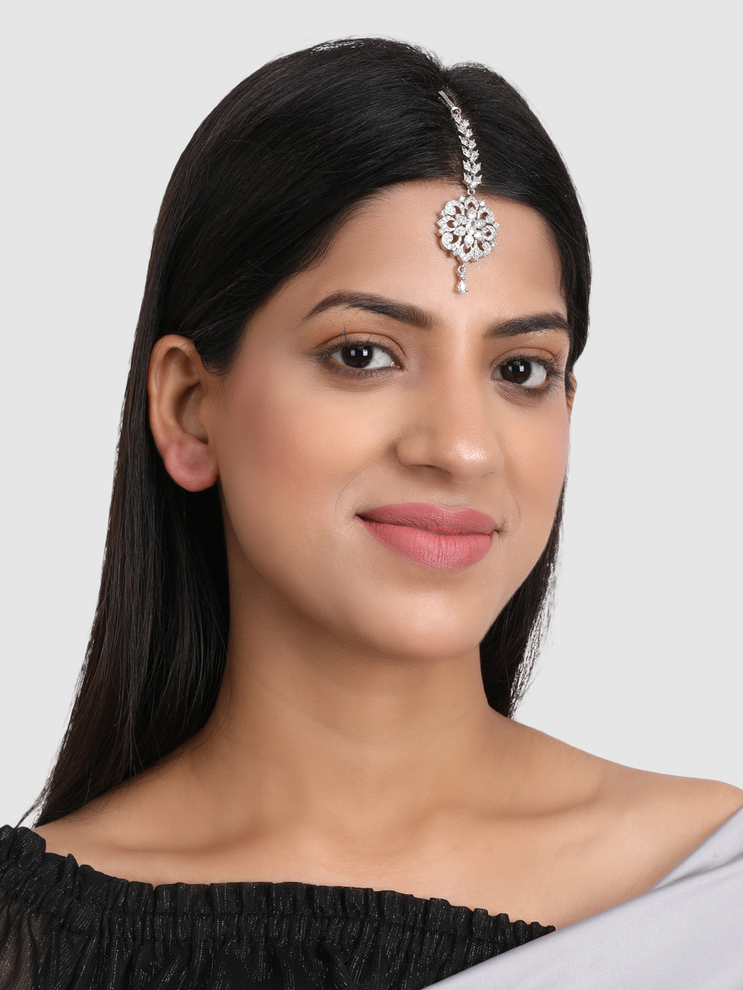 Silver Plated Silver AD Studded Circular Shaped Maangtika
