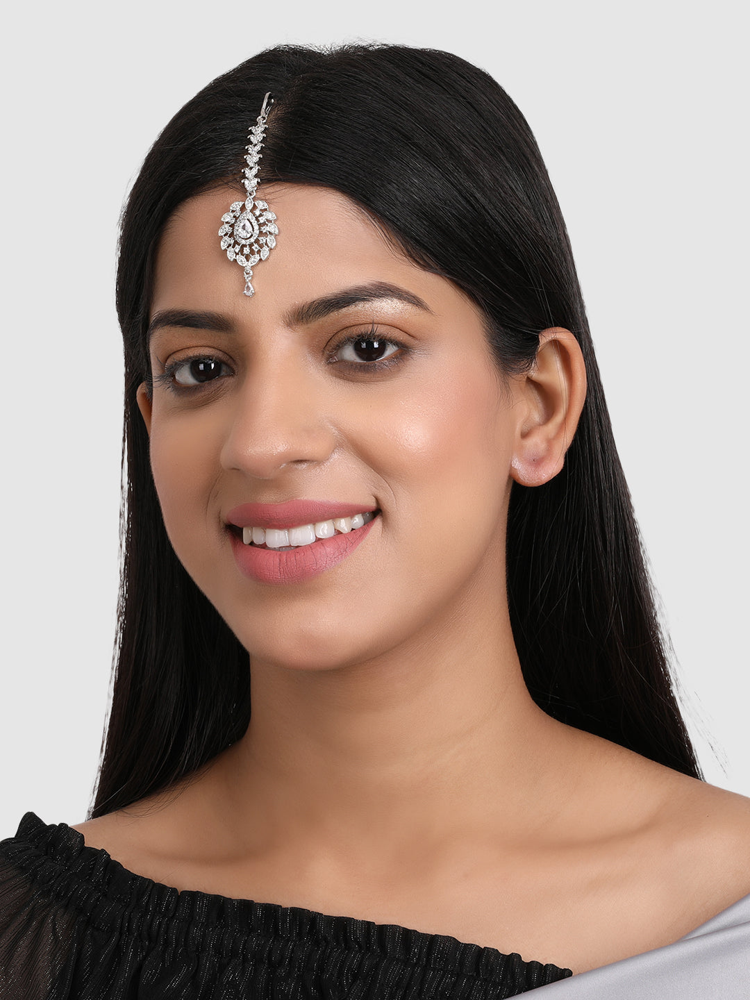 Silver-Plated American Diamond Studded Circular Shape Maangtika