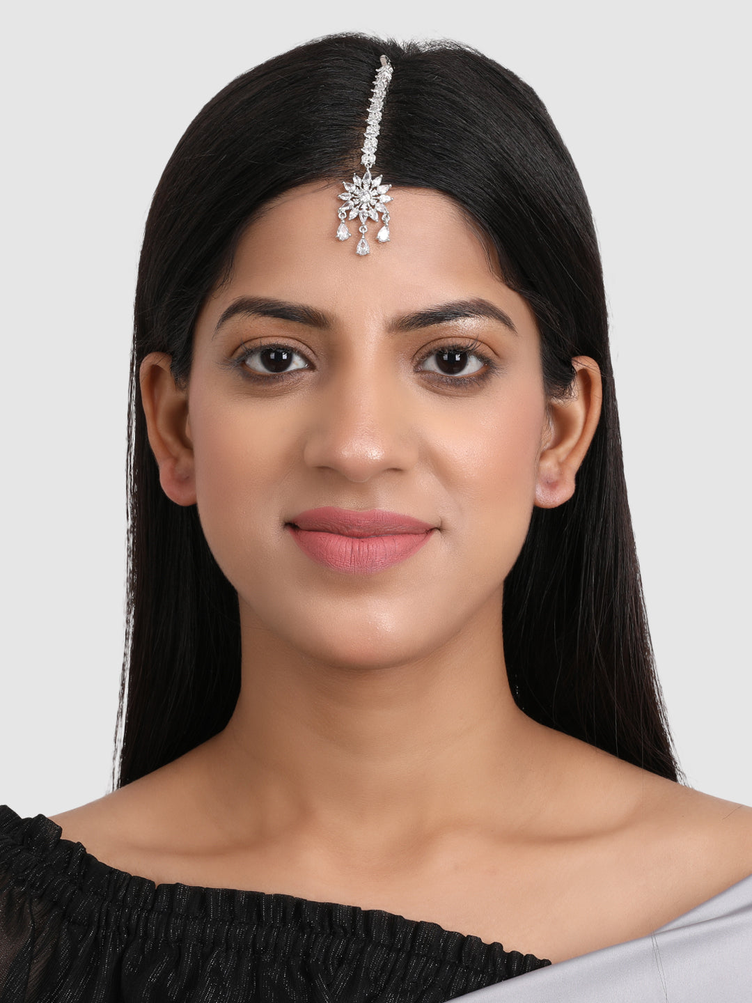 Silver-Plated & White AD-Studded Circular Shape Maangtika