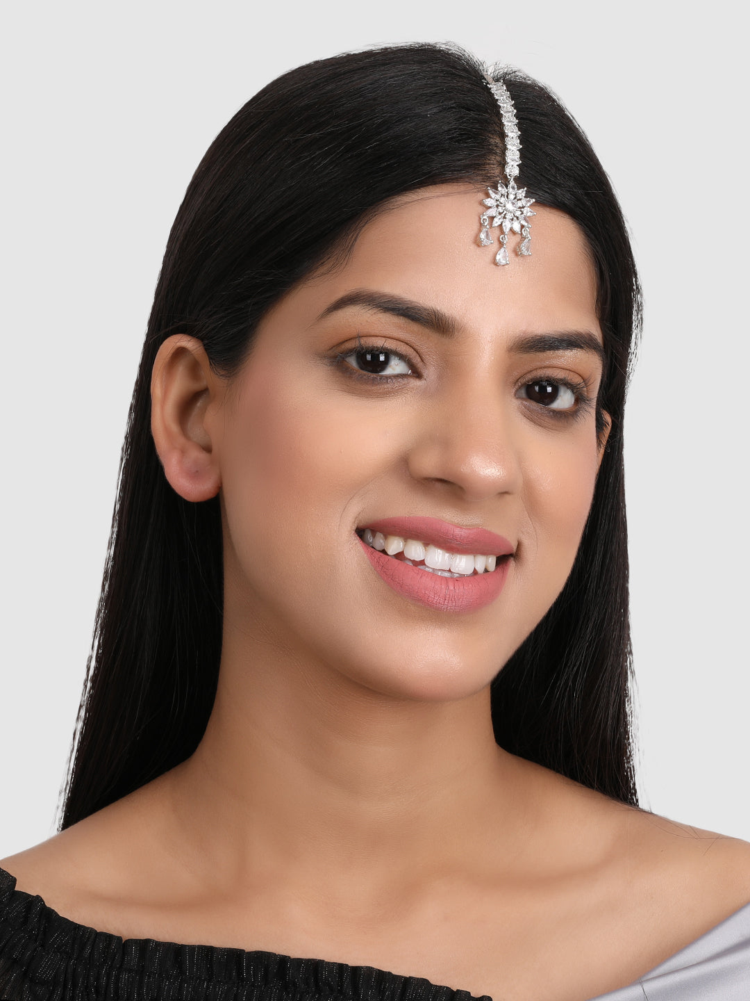 Silver-Plated & White AD-Studded Circular Shape Maangtika