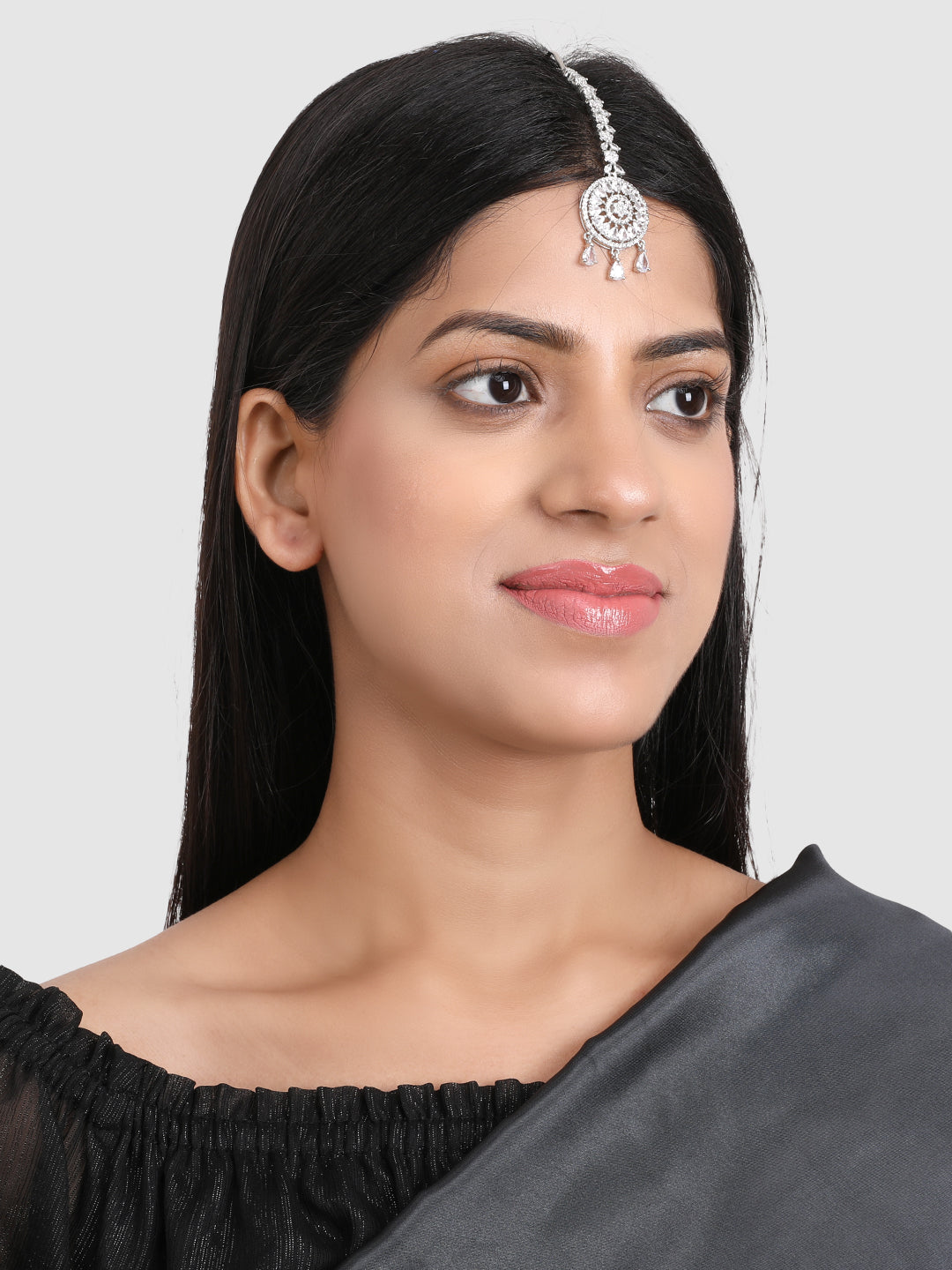 Silver-Plated American Diamond Studded Maangtika Head Jewellery