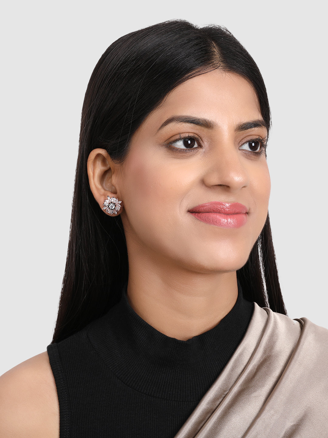 Silver and White Floral Studs Earrings