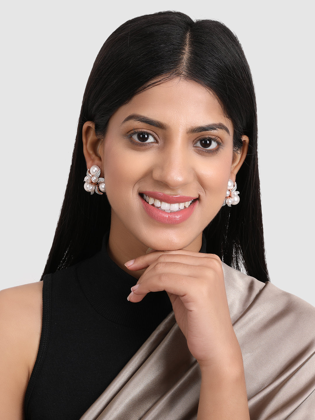 Gold-Plated White Pearls Beaded & AD Studded Studs Earrings