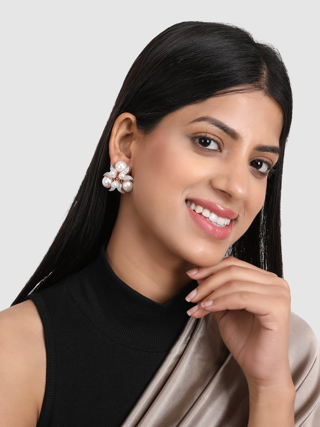 Gold-Plated White Pearls Beaded & AD Studded Studs Earrings