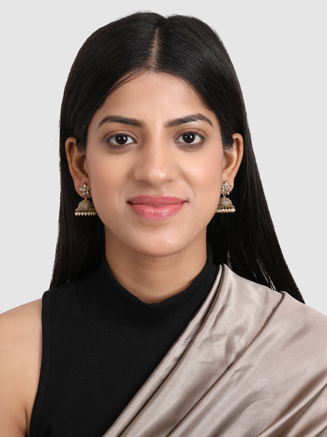 Gold-Plated Floral Stone Studded Jhumkas Earrings