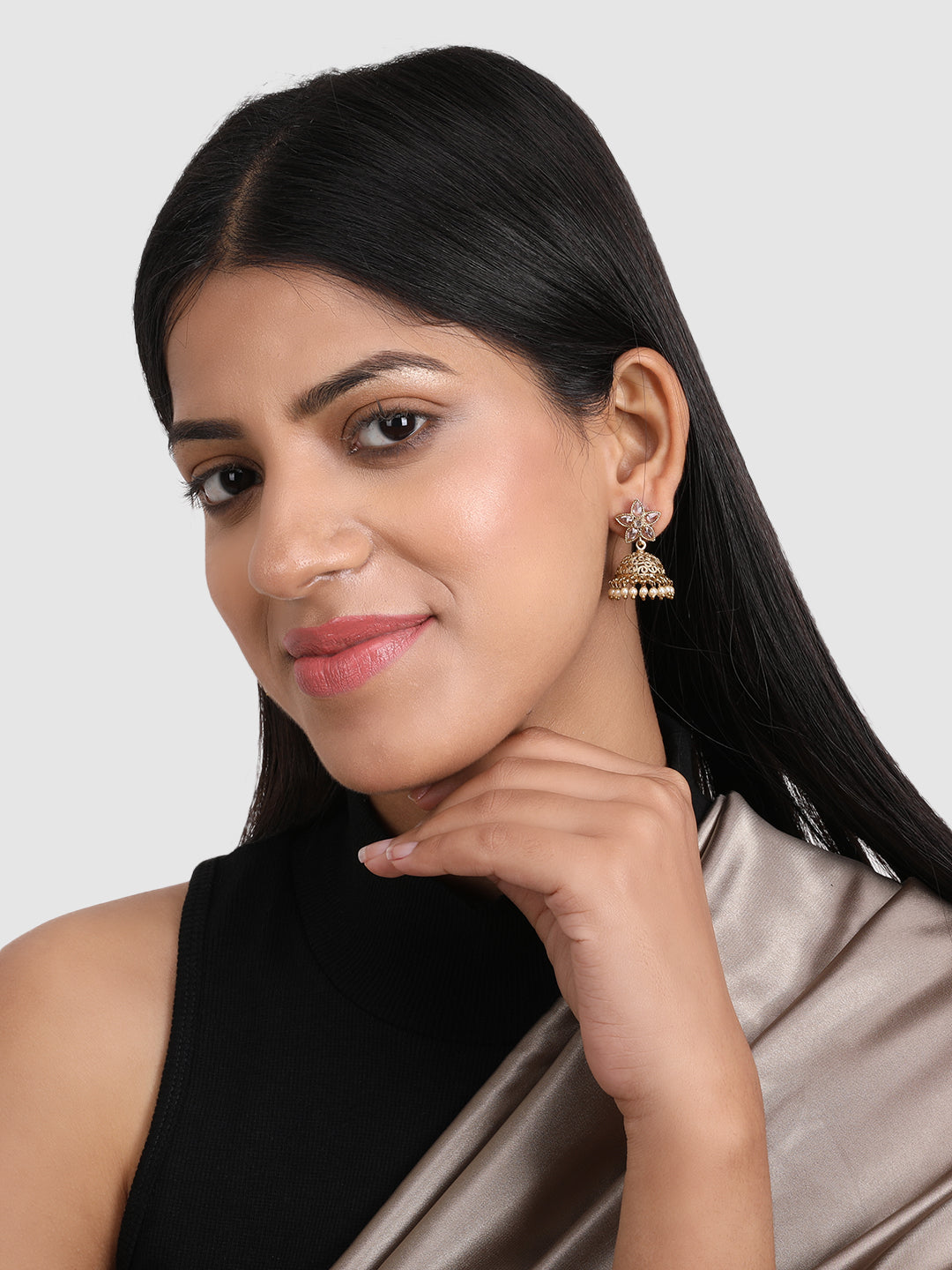 Gold-Plated Floral Stone Studded Jhumkas Earrings