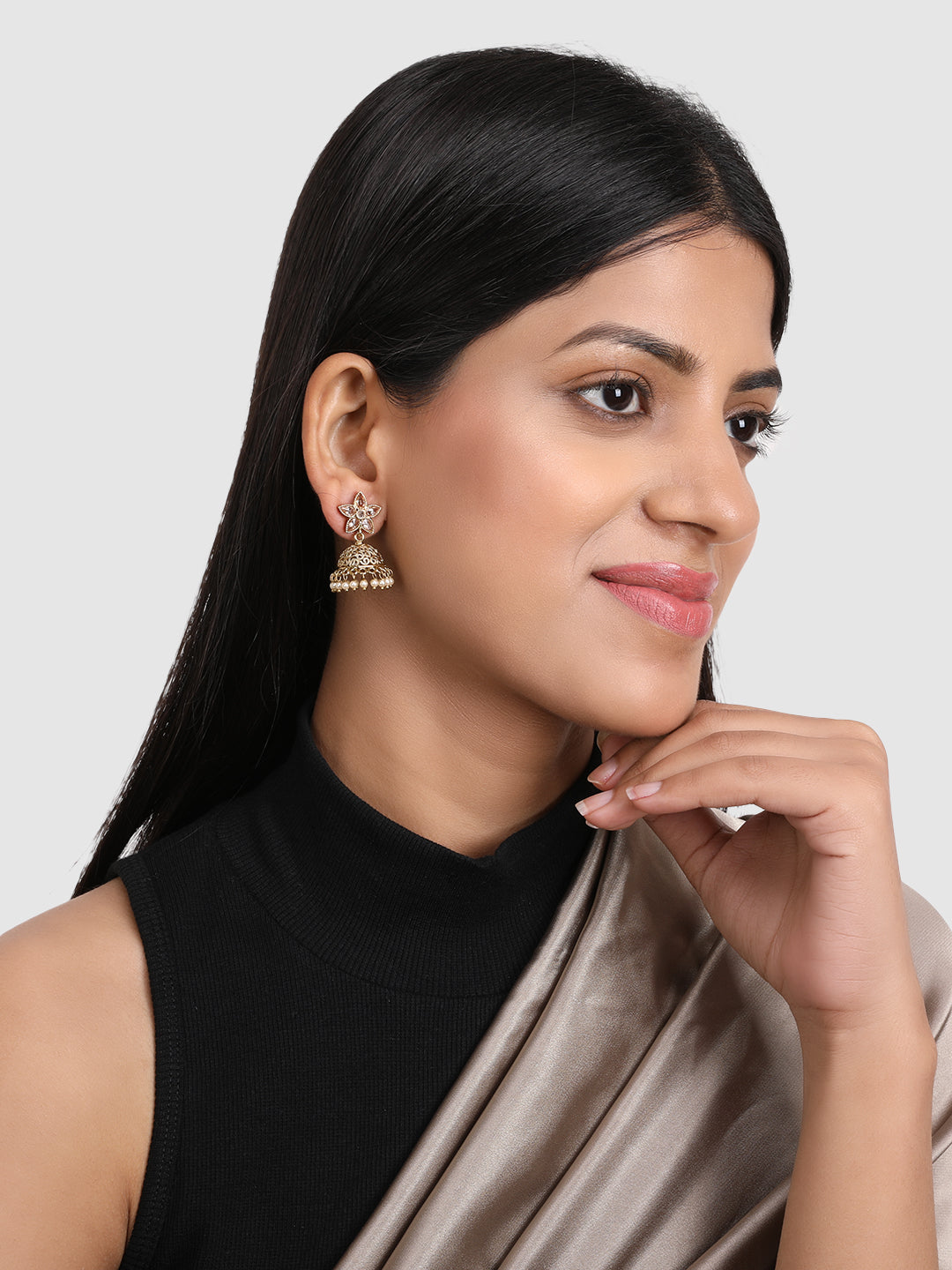 Gold-Plated Floral Stone Studded Jhumkas Earrings