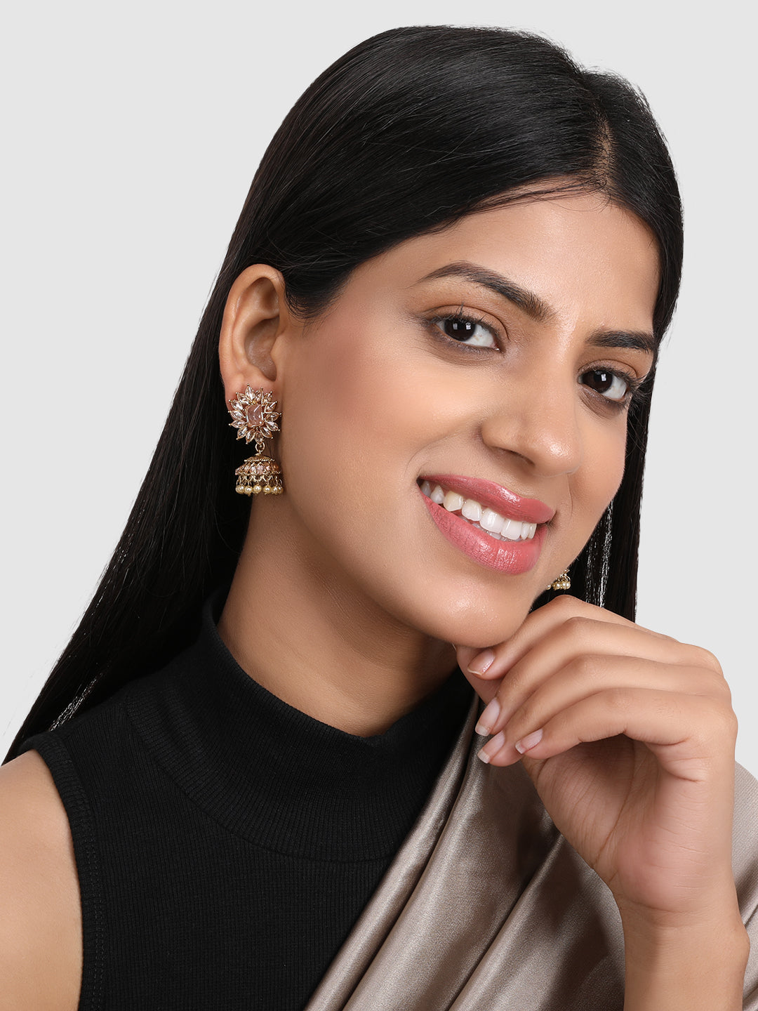 Gold-Plated Floral Artificial Stones Jhumkas Earrings