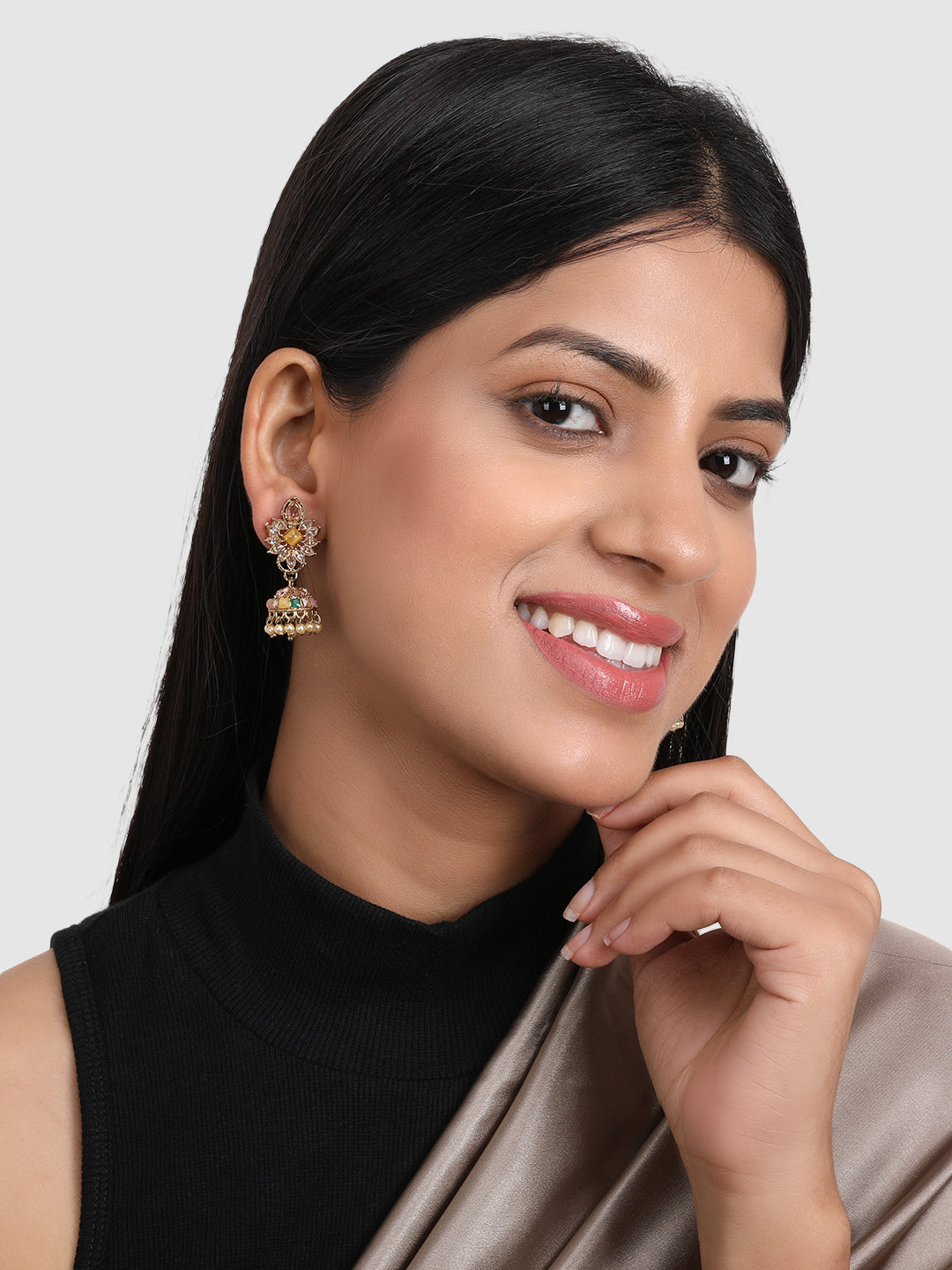 Gold-Plated & Yellow Stones Studded Dome Shaped Jhumkas Earrings