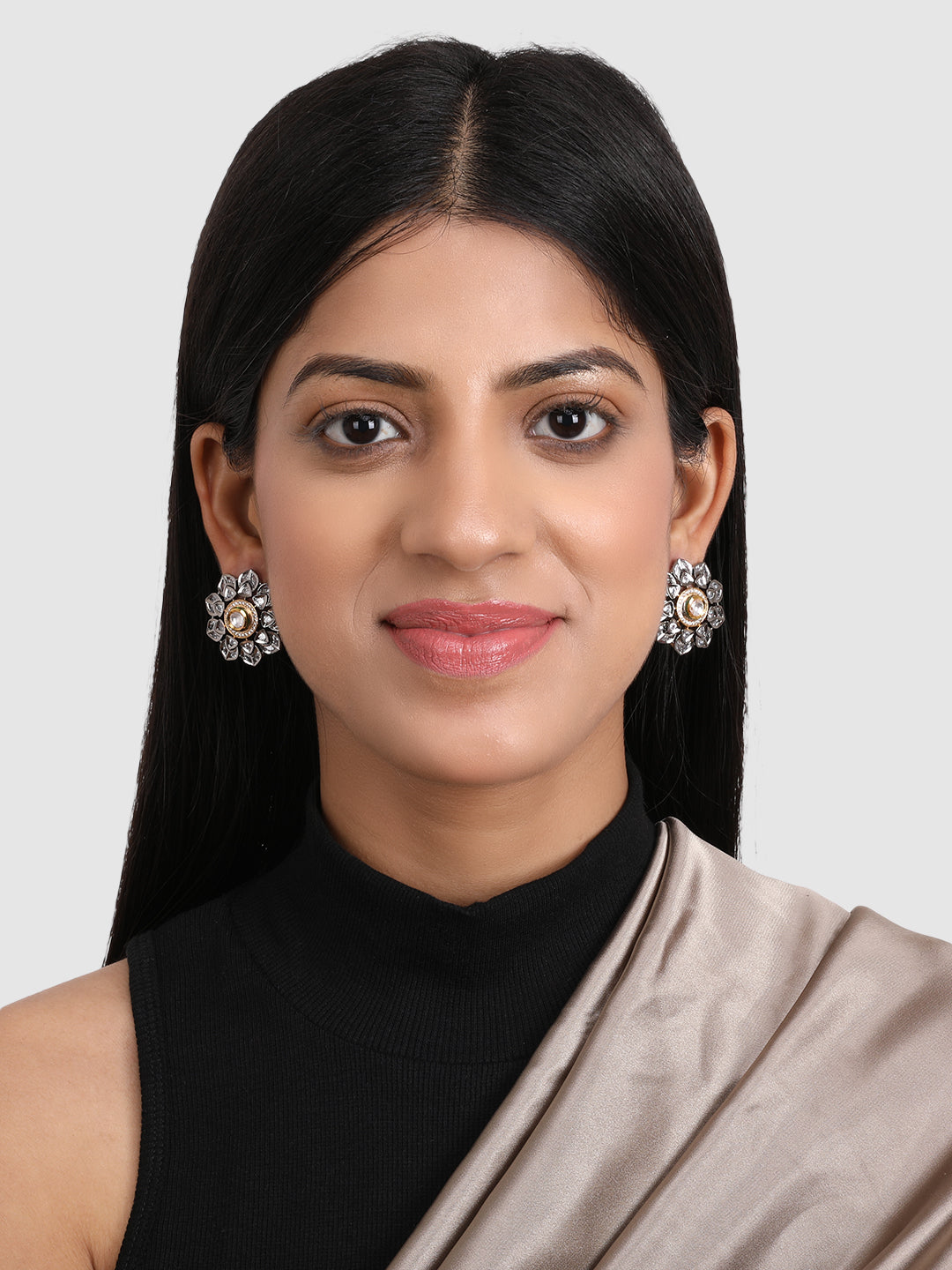 White Floral AD & Kundan Studded Rhodium Plated Stud Earrings
