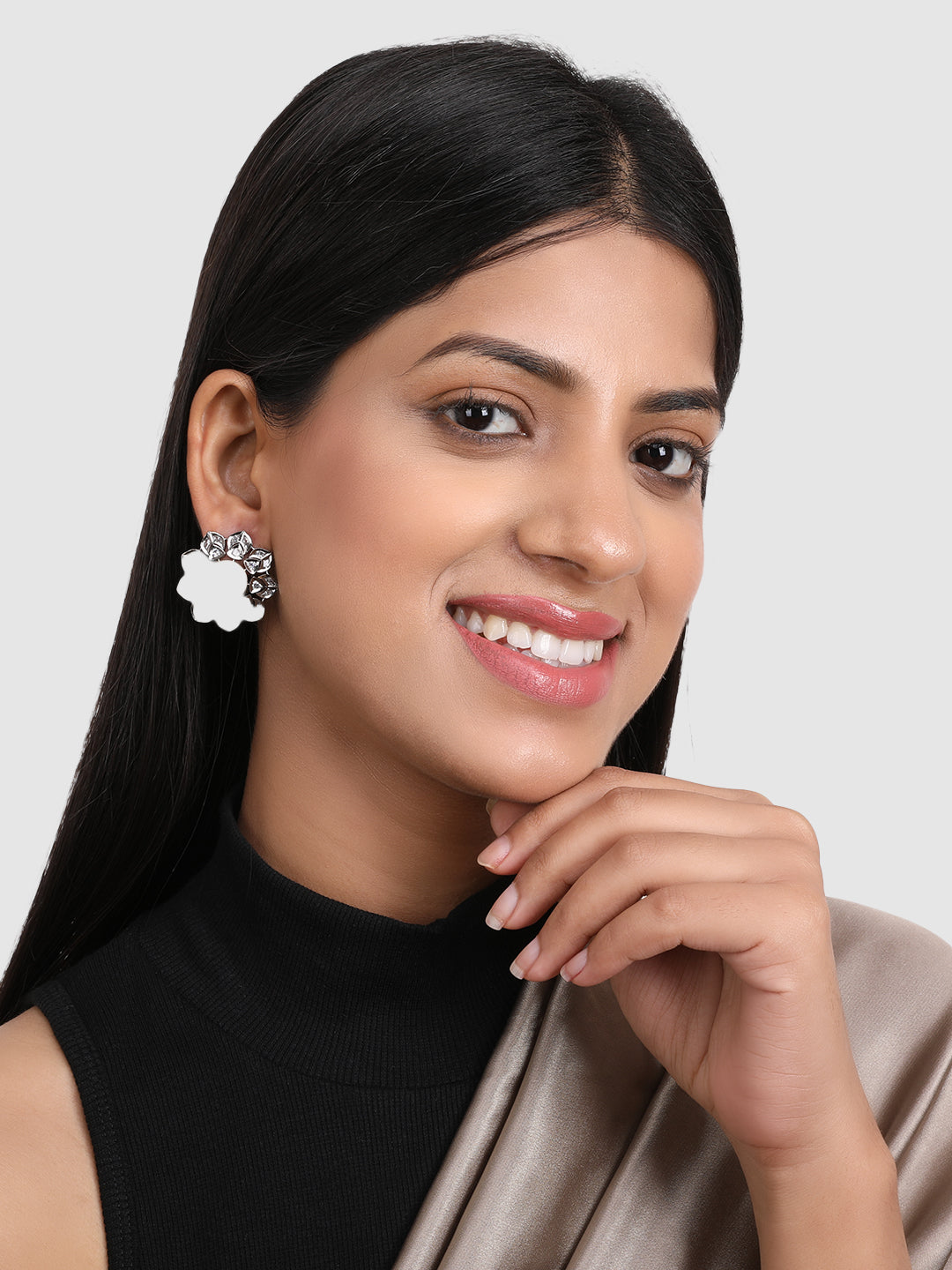 White Floral AD & Kundan Studded Rhodium Plated Stud Earrings