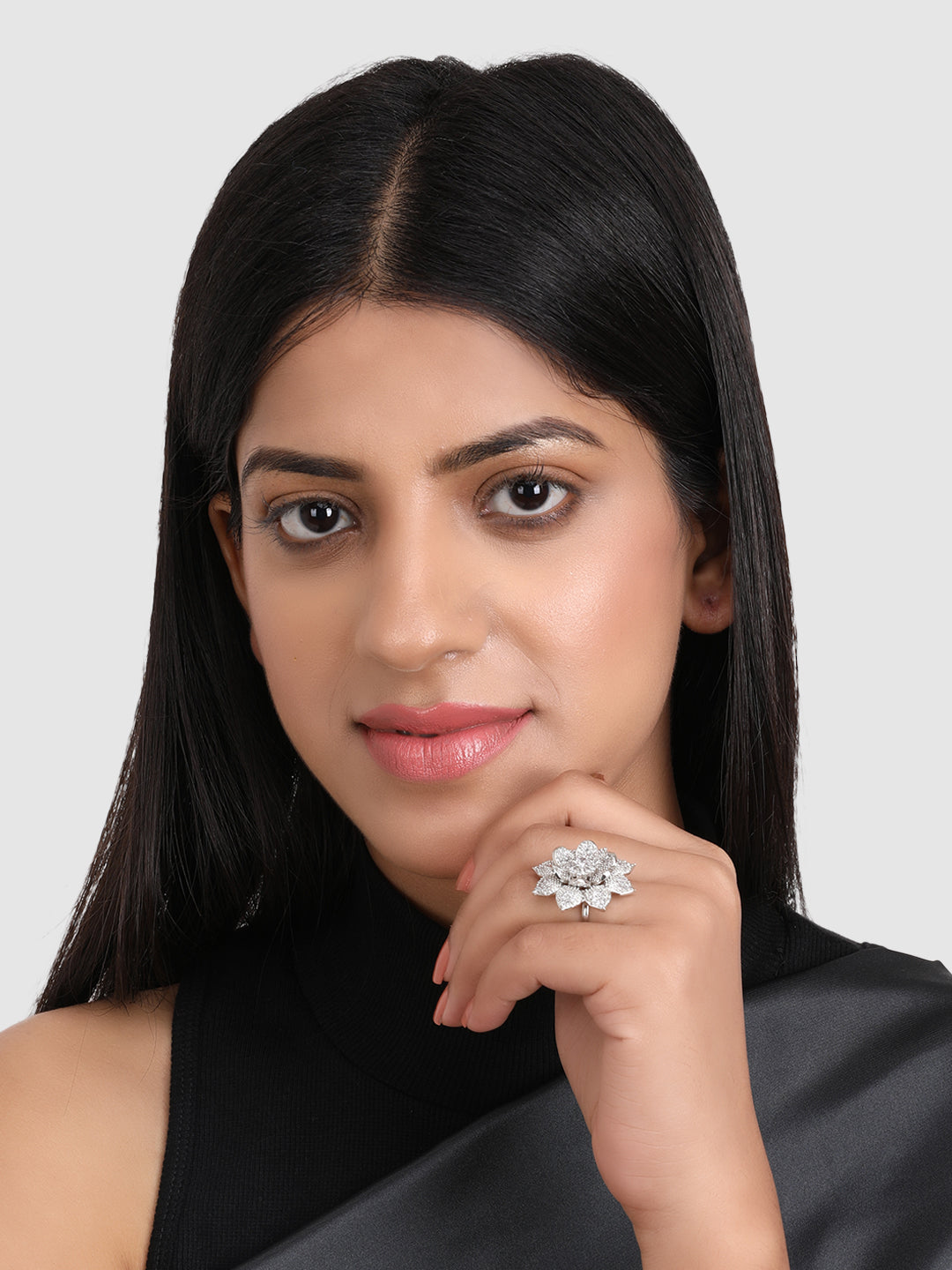 Rhodium-Plated American Diamonds Studded CocKtail Ring