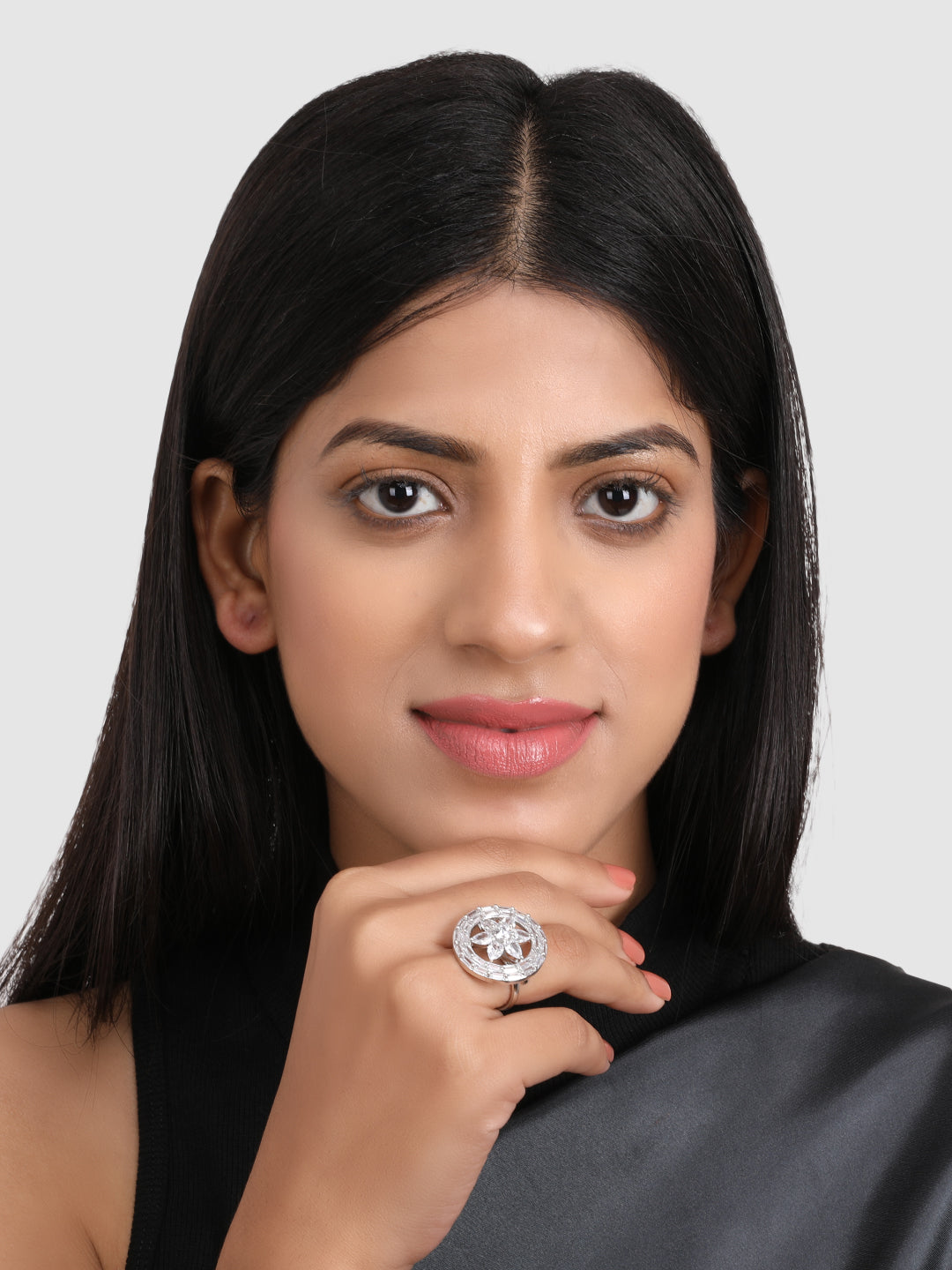 Rhodium-plated Silver-toned AD-Studded Circular Finger Ring