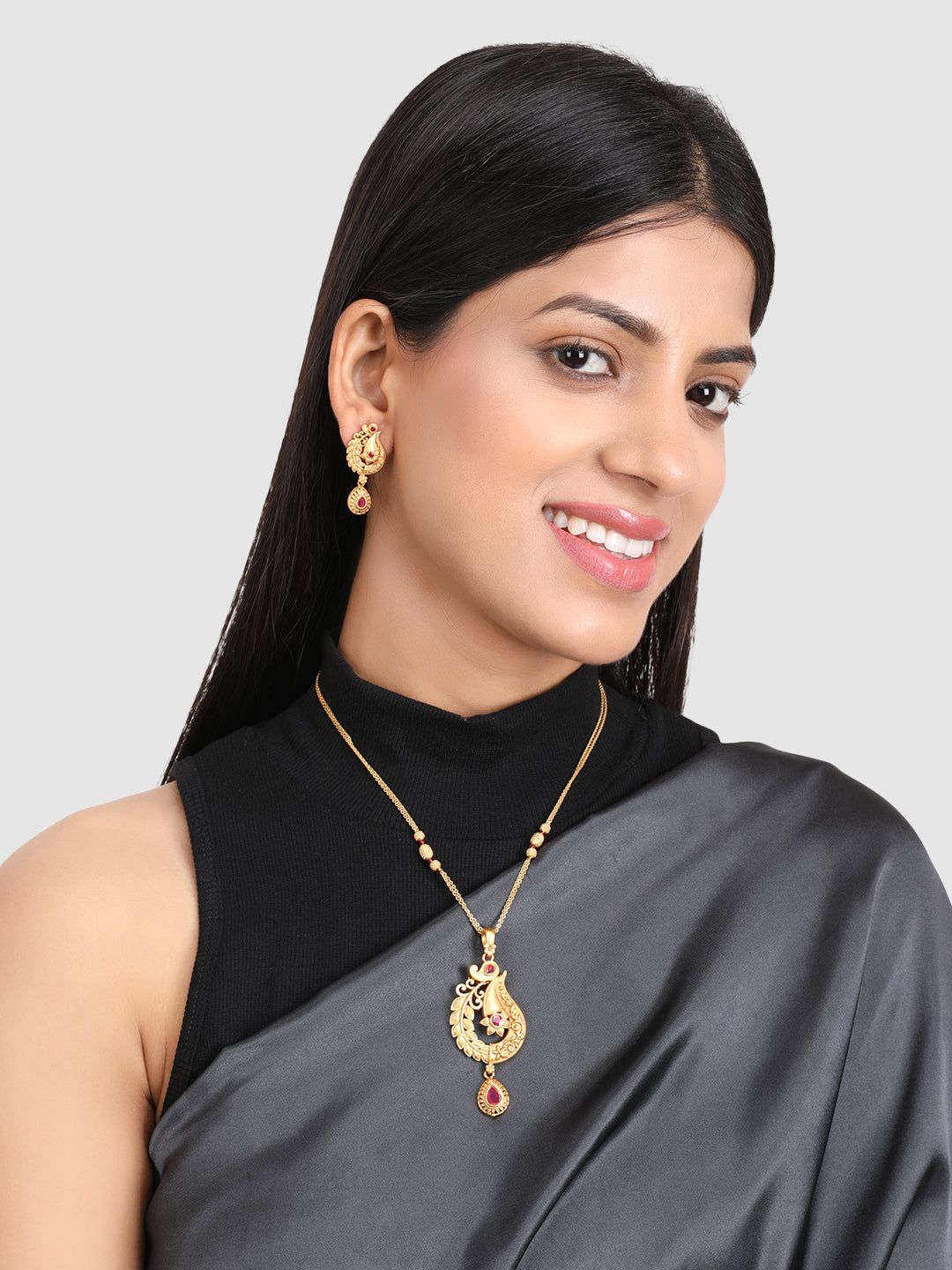 Designer Gold-Plated Pink Stone Studded Jewellery Set