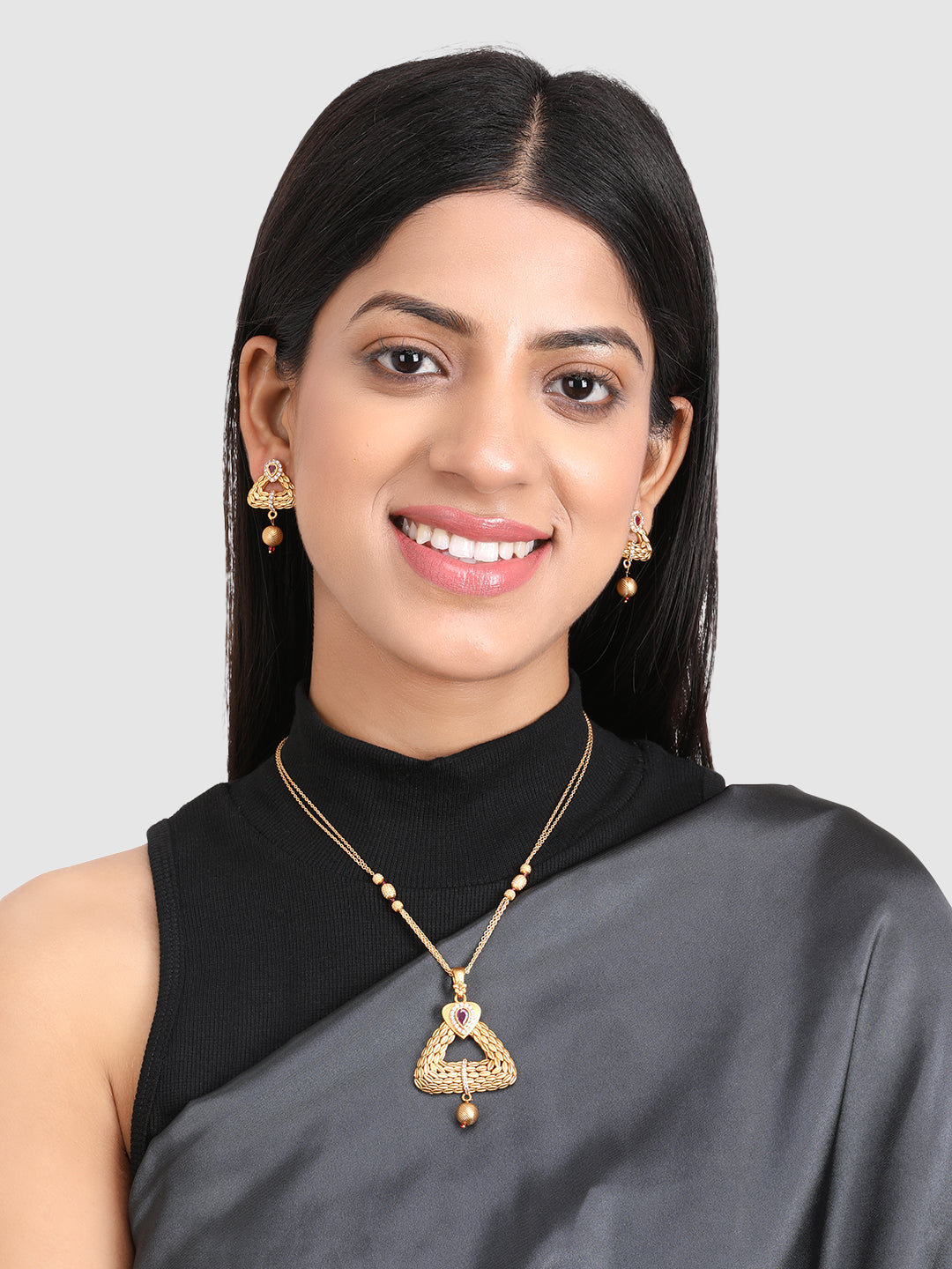 Gold-Plated Pink Stone Studded Jewellery Set