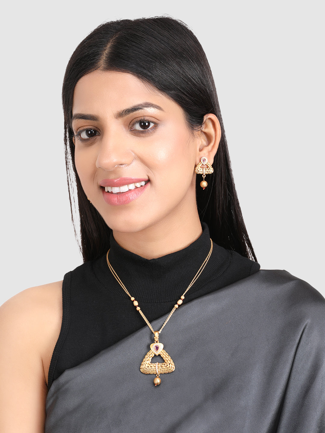 Gold-Plated Pink Stone Studded Jewellery Set