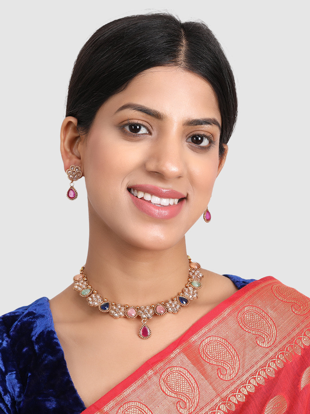 Gold-Plated Pink & Blue AD Studded & Beaded Jewellery Set