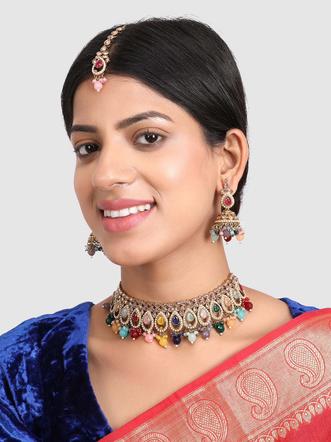Gold-Plated White & Green Stone-Studded Jewellery Set