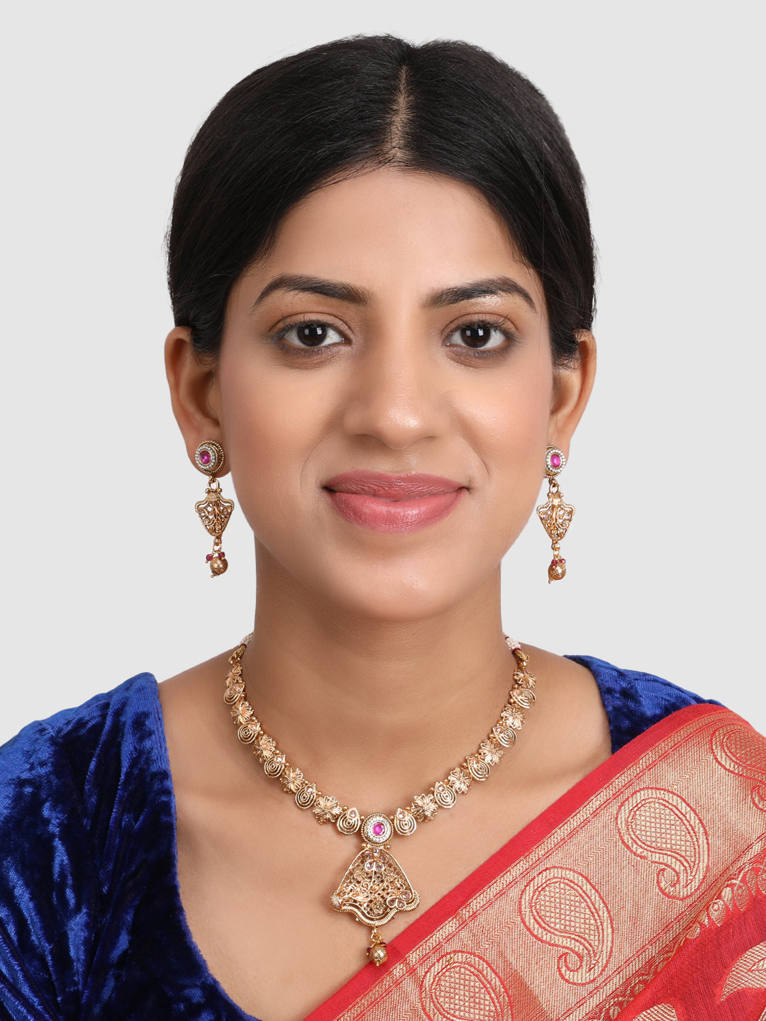 Gold-Plated & Magenta Stone Studded Jewellery Set