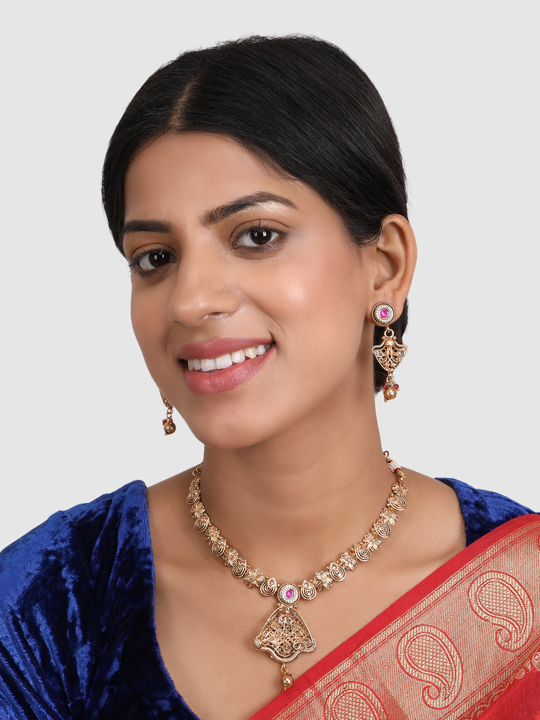 Gold-Plated & Magenta Stone Studded Jewellery Set