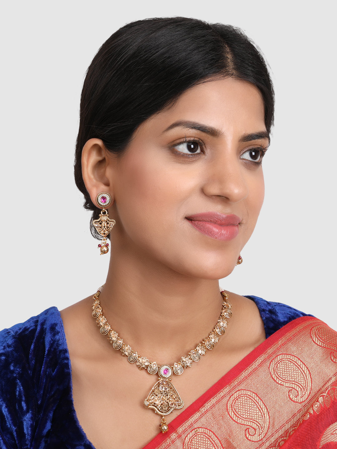 Gold-Plated & Magenta Stone Studded Jewellery Set