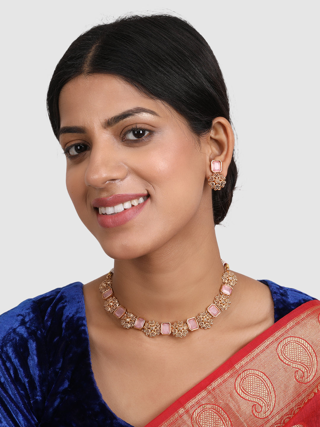 Women Gold-Plated Pink AD Studded Floral Designed Jewellery Set