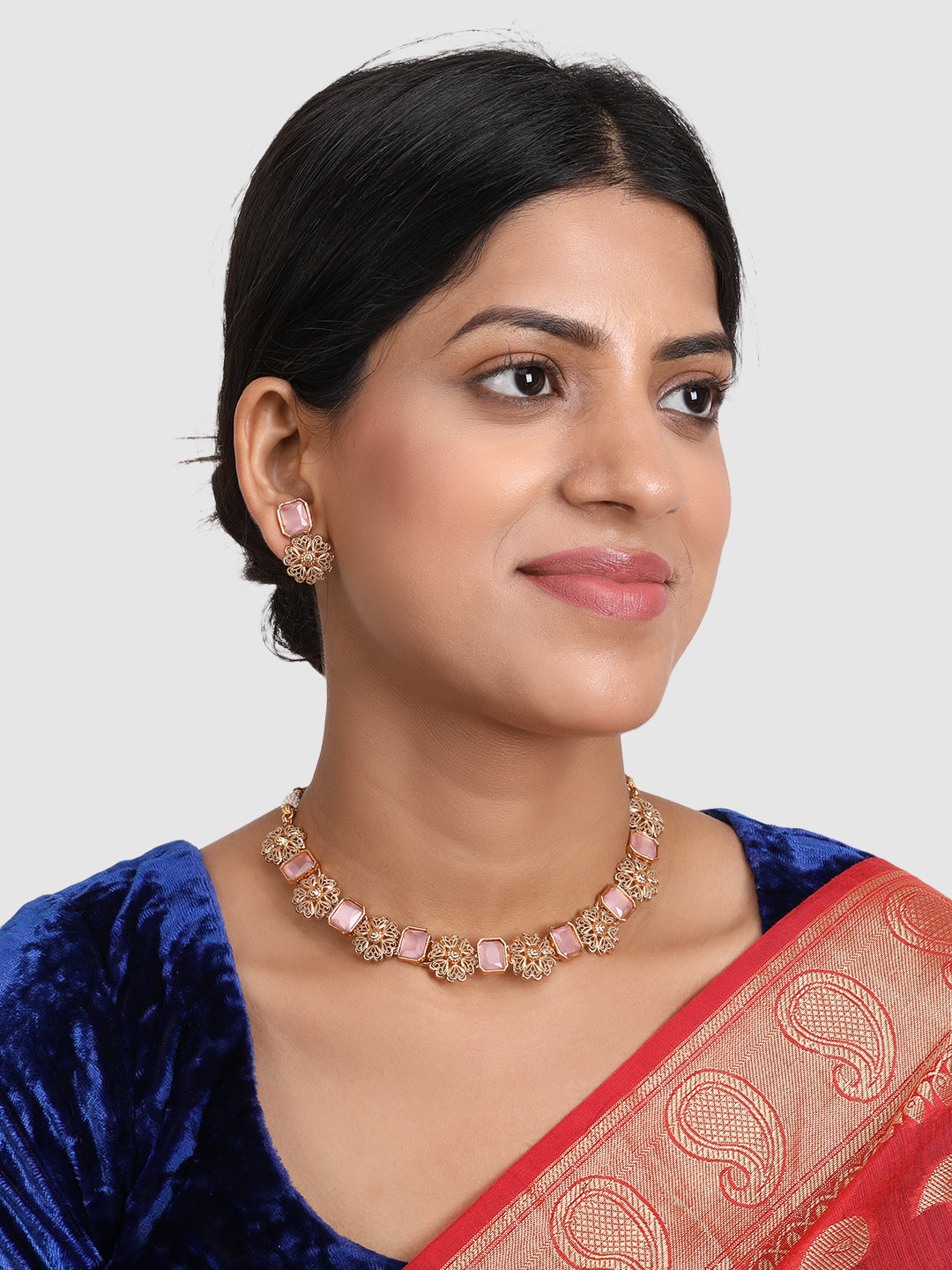 Women Gold-Plated Pink AD Studded Floral Designed Jewellery Set