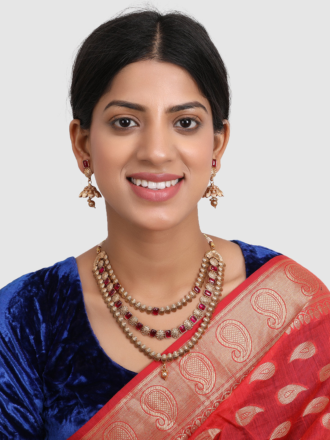 Gold-Plated & Magenta Stone Studded Jewellery Set