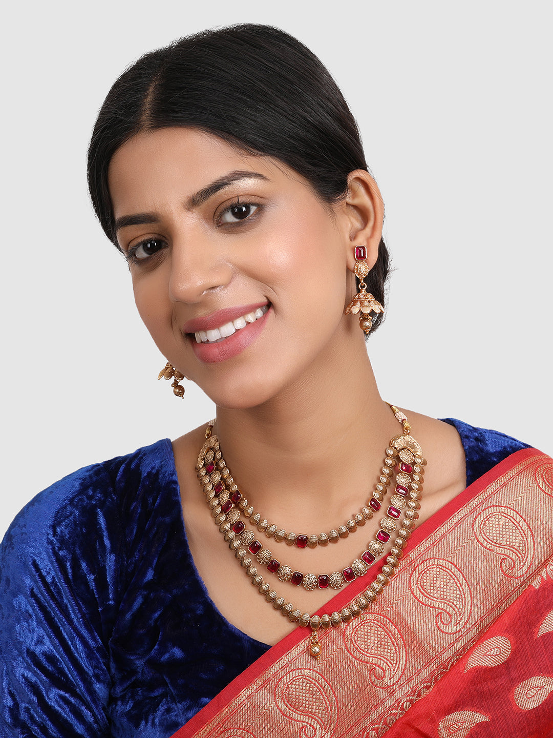 Gold-Plated & Magenta Stone Studded Jewellery Set