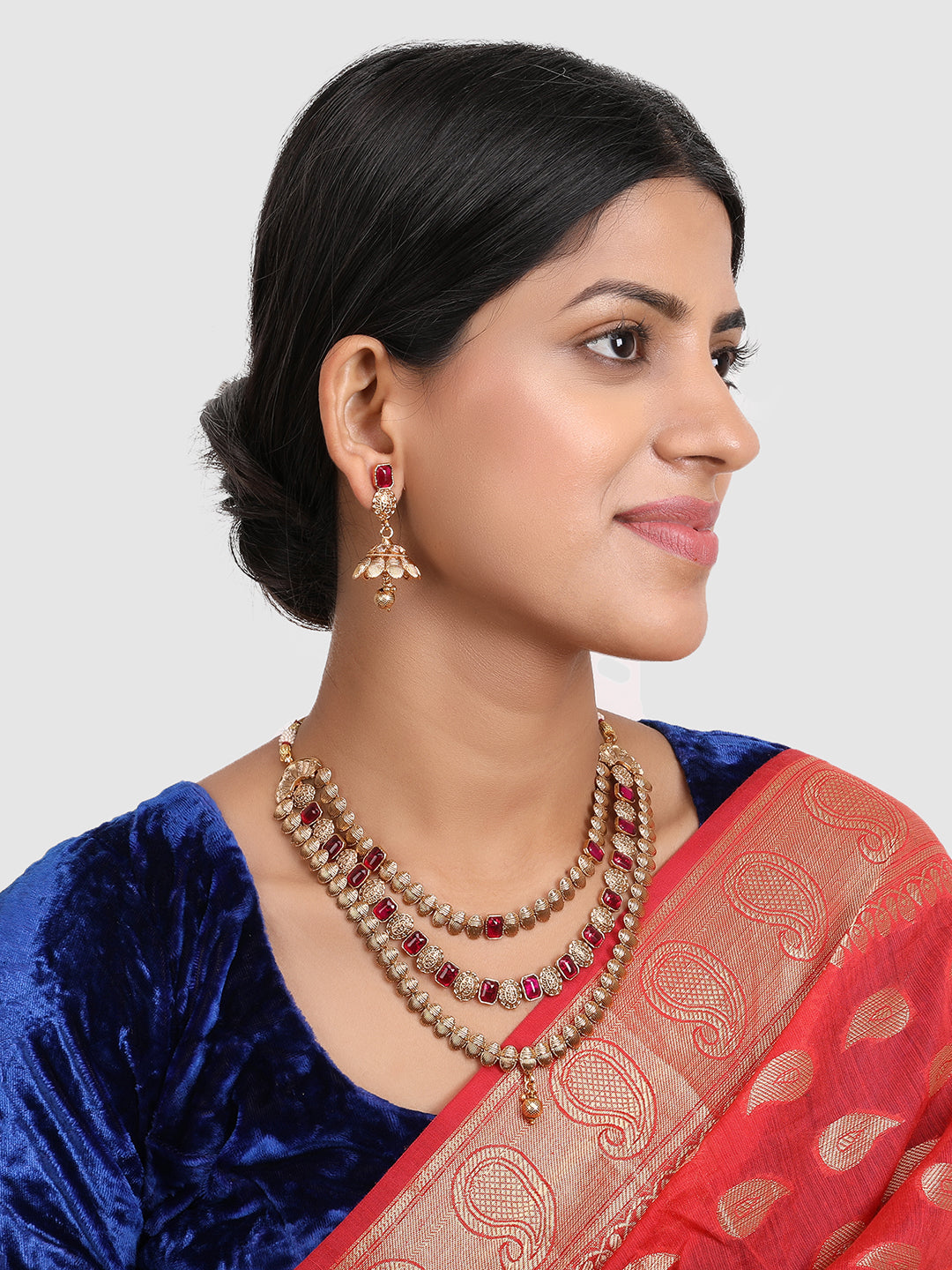 Gold-Plated & Magenta Stone Studded Jewellery Set